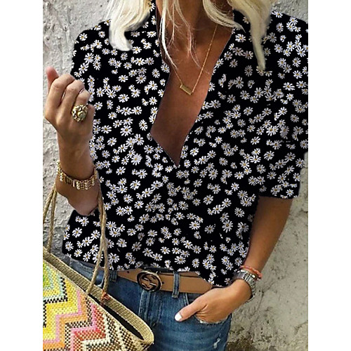 

Women's Blouse Shirt Floral Flower Long Sleeve Shirt Collar Tops Basic Top White Black Blue