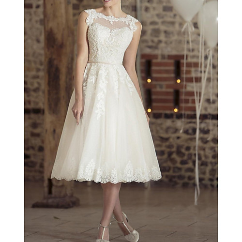 

A-Line Wedding Dresses Jewel Neck Tea Length Lace Tulle Sleeveless Vintage Sexy Wedding Dress in Color Backless with Sashes / Ribbons Pleats Embroidery 2021