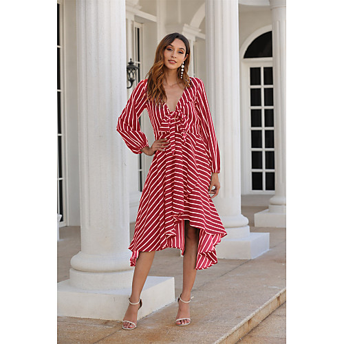 

Women's Swing Dress Maxi long Dress - Long Sleeve Striped Print Summer Fall Work Elegant Vacation Weekend 2020 Black Red XXS XS S M