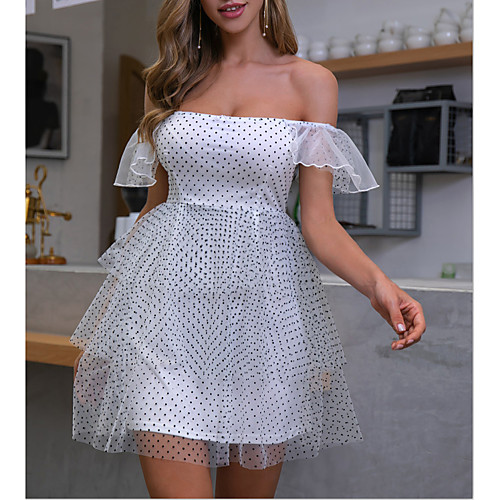 

Women's A Line Dress - Sleeveless Polka Dot Layered Ruffle Summer Off Shoulder Elegant Daily Beach Flare Cuff Sleeve Slim 2020 White S M L