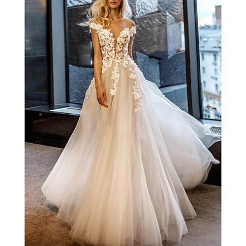 

A-Line Wedding Dresses Off Shoulder Sweep / Brush Train Lace Tulle Short Sleeve Vintage Sexy Wedding Dress in Color See-Through with Embroidery Appliques 2020