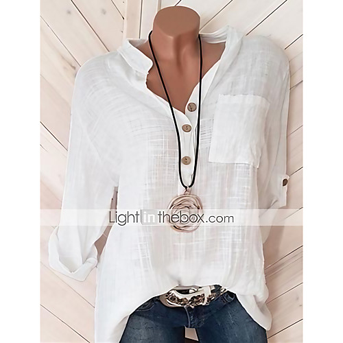 

Women's Blouse Shirt Solid Colored Long Sleeve Shirt Collar Tops Cotton Basic Top White Blue Red