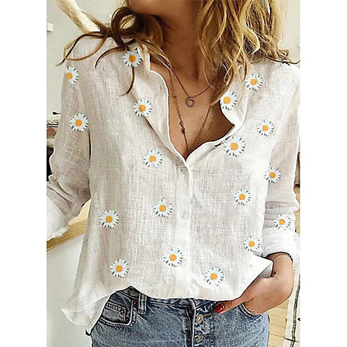 

Women's Floral Daisy Shirt - Cotton Daily Shirt Collar White