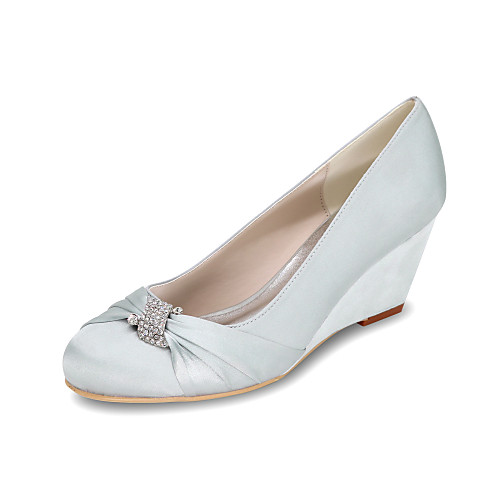 

Women's Wedding Shoes 2020 Spring / Summer Wedge Heel Round Toe Sweet Minimalism Wedding Party & Evening Rhinestone Solid Colored Satin White / Black / Purple