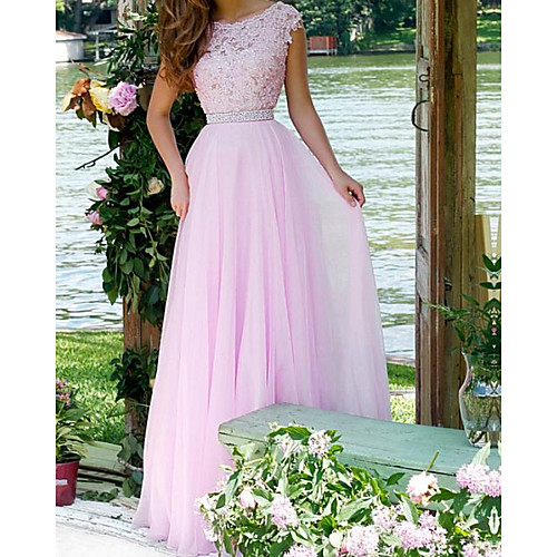 

A-Line Elegant Pink Engagement Formal Evening Dress Jewel Neck Sleeveless Floor Length Chiffon Lace with Pleats Appliques 2020