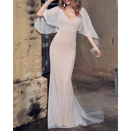 

A-Line Wedding Dresses V Neck Court Train Tulle Sleeveless Vintage Sexy Wedding Dress in Color See-Through with Lace Insert Appliques 2020