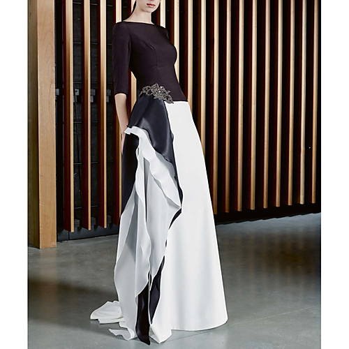 

A-Line Mother of the Bride Dress Elegant Jewel Neck Sweep / Brush Train Satin Half Sleeve with Beading 2021
