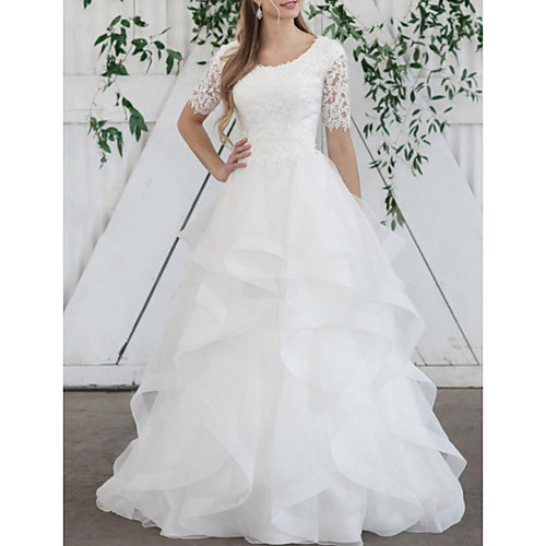 

Ball Gown Wedding Dresses Jewel Neck Sweep / Brush Train Lace Organza Short Sleeve Vintage with Cascading Ruffles 2020