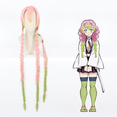 

Cosplay Wig Kanroji Mitsuri Demon Slayer Plaited With Bangs Wig Very Long Pink Synthetic Hair 44 inch Women's Anime Cosplay Ombre Hair Pink