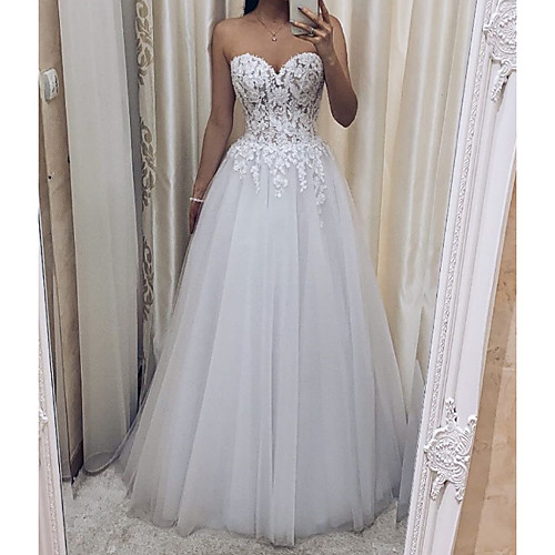 

A-Line Wedding Dresses Strapless V Neck Sweep / Brush Train Lace Tulle Sleeveless Sexy See-Through with Embroidery 2020 / Illusion Sleeve
