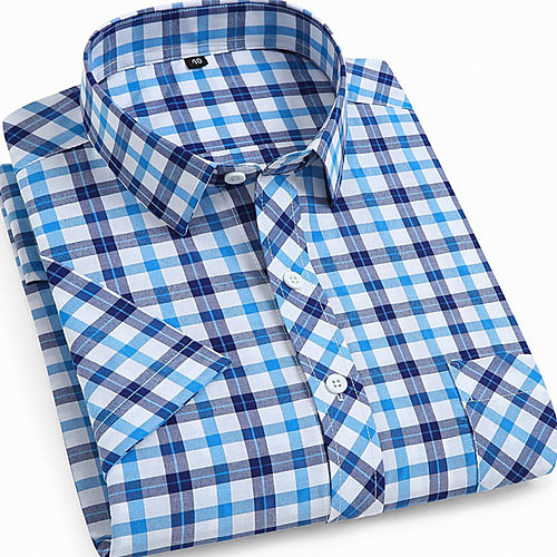 

Men's Plaid Print Shirt - Cotton Daily Button Down Collar Blue / Short Sleeve
