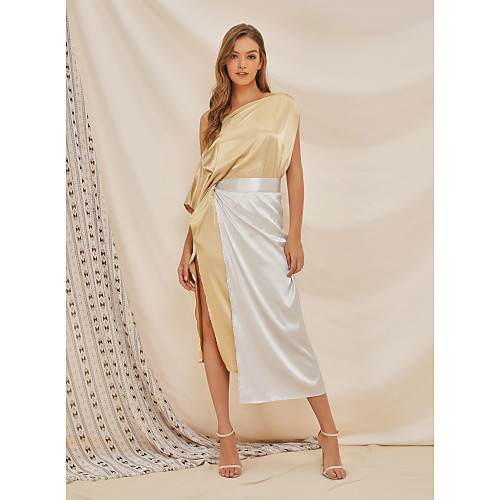 

Women's Wrap Dress Maxi long Dress - Half Sleeve Color Block Solid Color Split Summer Work Elegant Party Vacation 2020 Beige S M L XL XXL