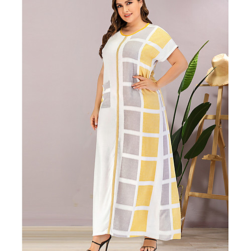 

Women's Sheath Dress Maxi long Dress - Short Sleeves Color Block Summer Elegant 2020 Yellow L XL XXL XXXL
