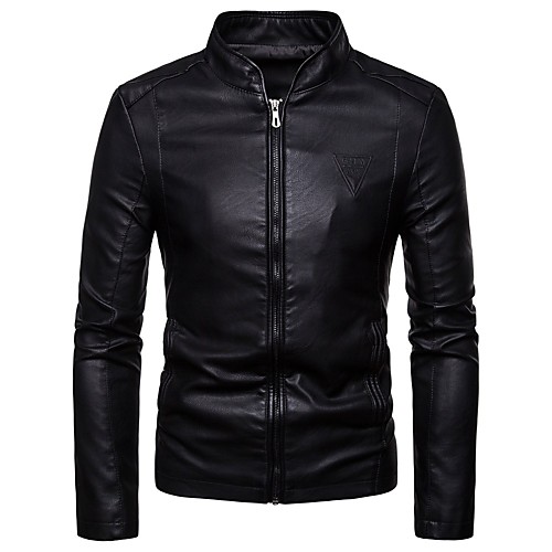 

Men's Party / Daily Basic Spring Regular Jacket, Solid Colored Stand Long Sleeve PU Wine / Brown / Black