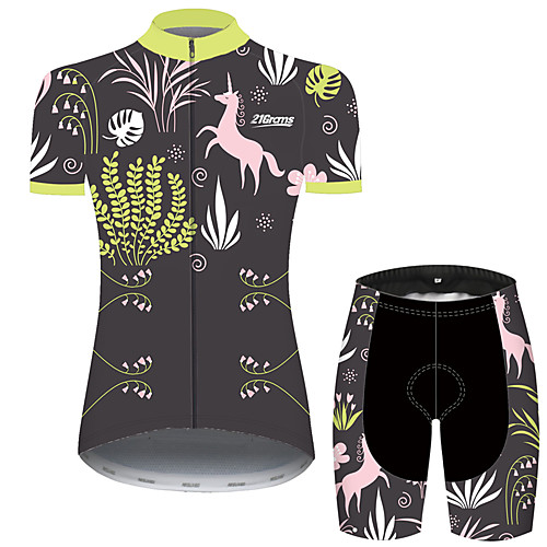 

Women's Short Sleeve Cycling Jersey with Shorts GrayGreen Floral Botanical Bike Clothing Suit Breathable 3D Pad Quick Dry Ultraviolet Resistant Reflective Strips Sports Patterned Mountain Bike MTB