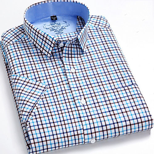 

Men's Plaid Print Shirt - Cotton Daily Button Down Collar Blue / Short Sleeve