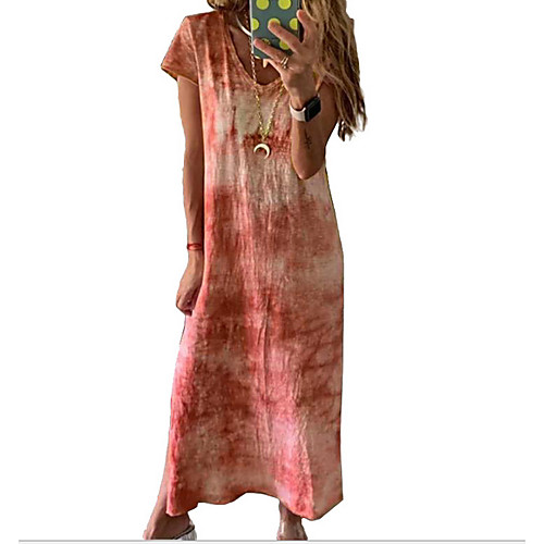 

Women's Shift Dress Maxi long Dress - Short Sleeves Tie Dye Summer Casual 2020 Blue Purple Red Blushing Pink Green S M L XL