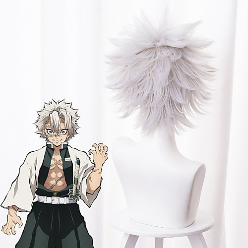 

Demon Slayer: Kimetsu no Yaiba Cosplay Wigs Men's Asymmetrical 14 inch Heat Resistant Fiber Curly Silver Adults' Anime Wig