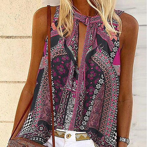 

Women's Blouse Geometric Tops Halter Neck Daily Summer Blue Purple Brown S M L XL