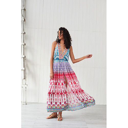 

Women's Swing Dress Maxi long Dress - Short Sleeves Geometric Rainbow Print Summer Elegant Boho Holiday Going out 2020 Blushing Pink XS S M L XL