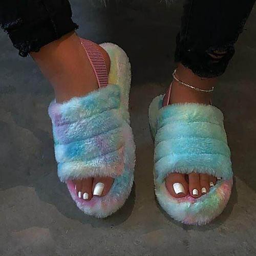 

Women's Slippers & Flip-Flops Fuzzy Slippers Summer Flat Heel Open Toe Daily Indoor House Solid Colored Faux Fur Leopard / White / Black