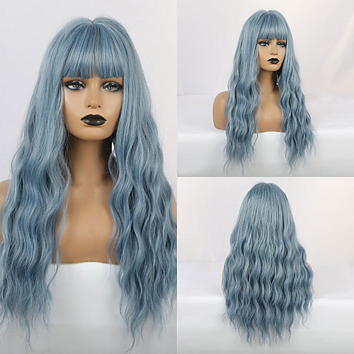 

Synthetic Wig Bangs Wavy Water Wave Side Part With Bangs Wig Ombre Long Black / Smoke Blue Ombre Blue Synthetic Hair 24 inch Women's Cosplay Women Synthetic Blue Ombre HAIR CUBE / Ombre Hair