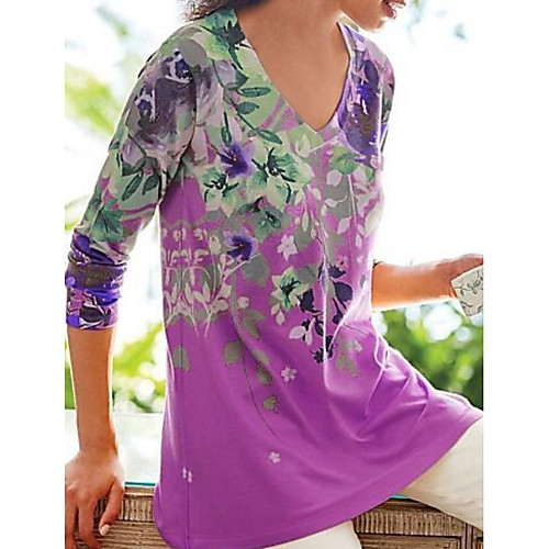 

Women's Tops Floral T-shirt V Neck Daily Summer Blue Purple Yellow Fuchsia Brown Gray S M L XL 2XL 3XL 4XL