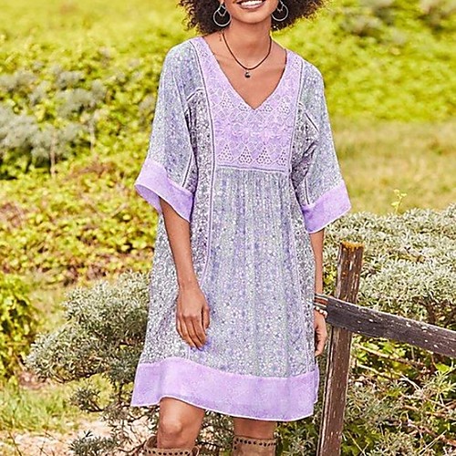 

Women's Shift Dress Knee Length Dress - Half Sleeve Floral Summer Street chic 2020 Purple Khaki Light Blue S M L XL XXL XXXL XXXXL