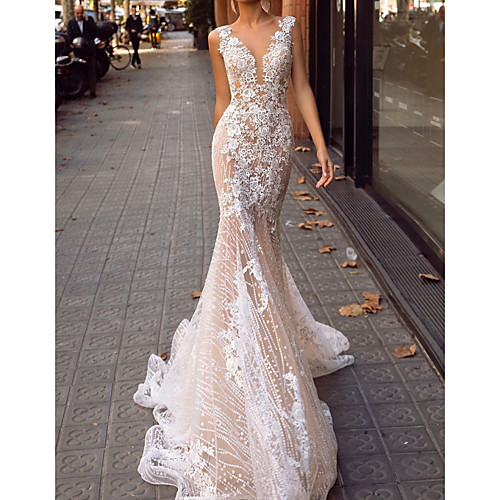 

Mermaid / Trumpet Wedding Dresses V Neck Sweep / Brush Train Lace Tulle Sleeveless Sexy See-Through with Embroidery 2020
