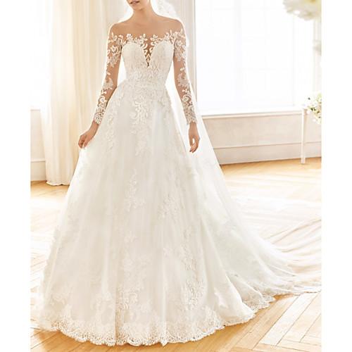 

A-Line Wedding Dresses Jewel Neck Sweep / Brush Train Lace Tulle Long Sleeve Vintage Sexy Wedding Dress in Color See-Through with Embroidery Appliques 2020