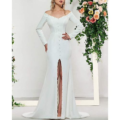 

A-Line Wedding Dresses Off Shoulder Sweep / Brush Train Stretch Satin Long Sleeve Simple with Beading Split Front 2021