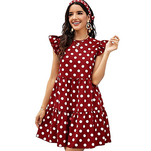 

Women's Shift Dress Short Mini Dress - Short Sleeves Polka Dot Summer Boho Daily 2020 Wine Yellow Green Navy Blue S M L XL