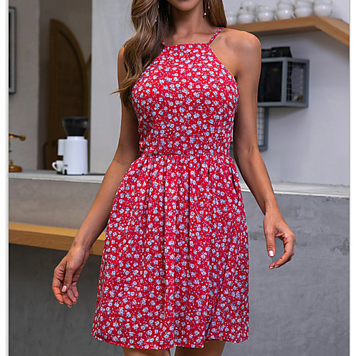 

Women's A Line Dress - Sleeveless Floral Zipper Print Summer Strap Square Neck Elegant Mumu Going out Beach 2020 Red S M L