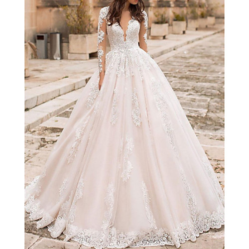 

A-Line Wedding Dresses V Neck Court Train Lace Tulle Short Sleeve Vintage Sexy Wedding Dress in Color Backless with Embroidery Appliques 2021