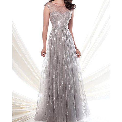 

A-Line Sparkle Grey Engagement Formal Evening Dress Illusion Neck Jewel Neck Sleeveless Floor Length Tulle with Pleats Sequin 2020