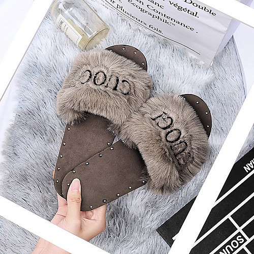 

Women's Slippers & Flip-Flops Fuzzy Slippers Summer Flat Heel Open Toe Daily Suede White / Black / Brown