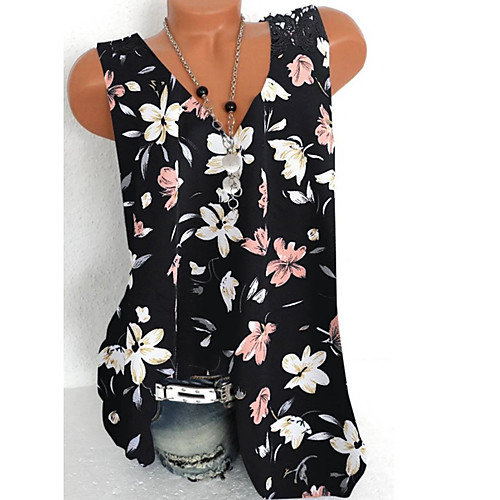 

Women's Floral Tank Top Daily V Neck Black / Navy Blue