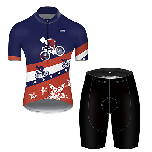 

21Grams Men's Short Sleeve Cycling Jersey with Shorts Polyester Black / Blue American / USA National Flag Bike Clothing Suit Breathable Quick Dry Ultraviolet Resistant Reflective Strips Sweat-wicking