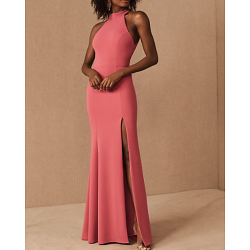 

Sheath / Column Elegant Beautiful Back Party Wear Prom Dress Halter Neck Sleeveless Floor Length Satin with Sleek Split 2020