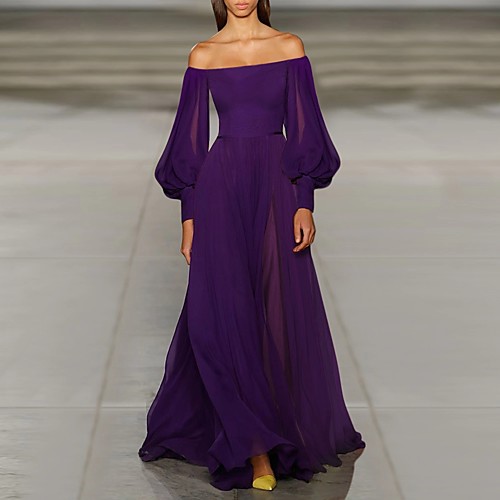 

Sheath / Column Empire Minimalist Wedding Guest Formal Evening Dress Off Shoulder Long Sleeve Floor Length Chiffon with Pleats 2020