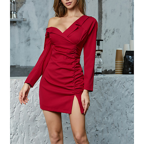 

Women's Shift Dress - 3/4 Length Sleeve Solid Color Patchwork Spring Summer Off Shoulder V Neck Work Elegant Daily Weekend Puff Sleeve 2020 Red S M L