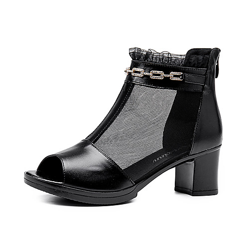 

Women's Sandals 2020 Leather Sandals Summer Cuban Heel Open Toe Sweet Roman Shoes Daily Outdoor Rhinestone Nappa Leather / Mesh Walking Shoes Black