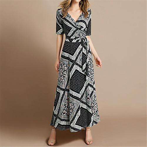 

Women's Maxi A Line Dress - Short Sleeves Print Summer V Neck Formal Elegant 2020 Black Green L XL XXL XXXL XXXXL