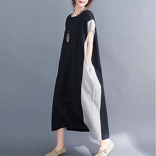 

Women's Shift Dress - Short Sleeves Color Block Summer Casual 2020 Black L XL