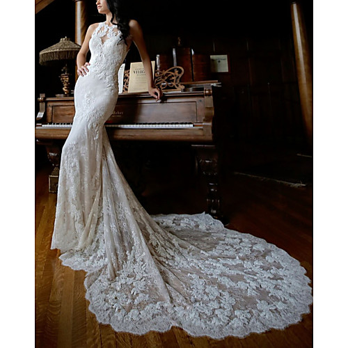 

Sheath / Column Wedding Dresses Jewel Neck Chapel Train Lace Sleeveless Sexy Wedding Dress in Color with Lace Insert Appliques 2021