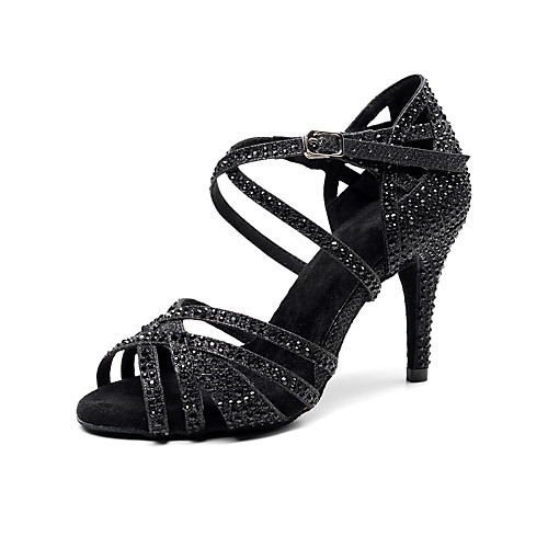 

Women's Latin Shoes Synthetics Cross Strap Heel Crystals / Paillette Slim High Heel Customizable Dance Shoes Black