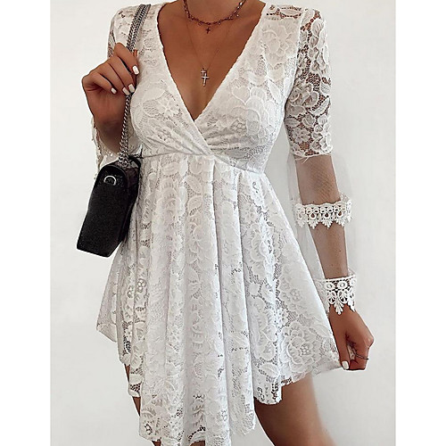 

Women's Asymmetrical Sheath Dress - 3/4 Length Sleeve Solid Color Summer V Neck Elegant Slim 2020 White S M L XL
