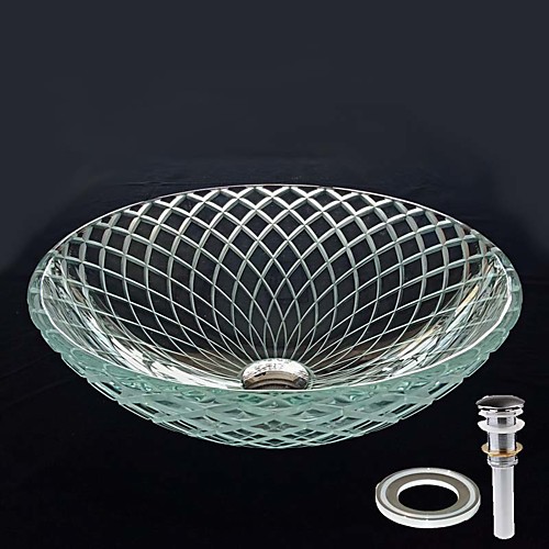 

Round Computer Carved Line Tempered Crystal Glass Vessel Sink with Pop - Up Drain and Mounting Ring
