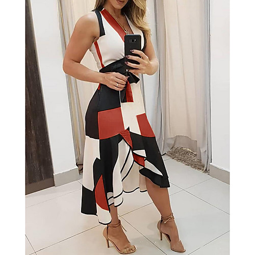 

Women's Sheath Dress Midi Dress Blue Red Yellow Brown Sleeveless Color Block Geometric Summer V Neck Hot Elegant 2021 S M L XL XXL 3XL