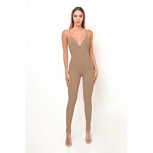 

Women's Basic Khaki Gray Jumpsuit Onesie, Solid Colored Backless S M L